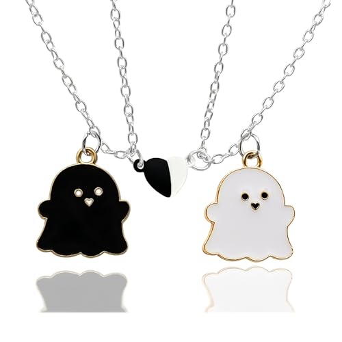 CJIAYUJEW Matching Necklaces for Couples Lovely Heart Ghost Pendant Necklace Set Matching Necklaces for Best Friends Anniversary Valentines Day Gift for Women Men (black+white)