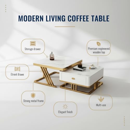 Image of RIZIK Stores Iron Frame Handmade Drawer Square Coffee Table /Nesting Table /Side Table /Center Table with Engineered Wood Top for Living Room /Drawing Room /Balcony (White Gold, 24 inchx24 inch)