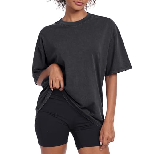 Womens Vintage Oversized T Shirts Acid Washed Baggy Cotton Tee Casual Workout Boyfriend Short Sleeve Tops(Black XL)