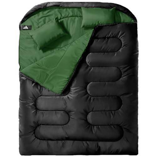 Image of MEREZA Double Sleeping Bag for Adults Mens with Pillow, XL Queen Size Two Person Sleeping Bag for All Season Camping Hiking Backpacking 2 Person Sleeping Bags for Cold Weather & Warm