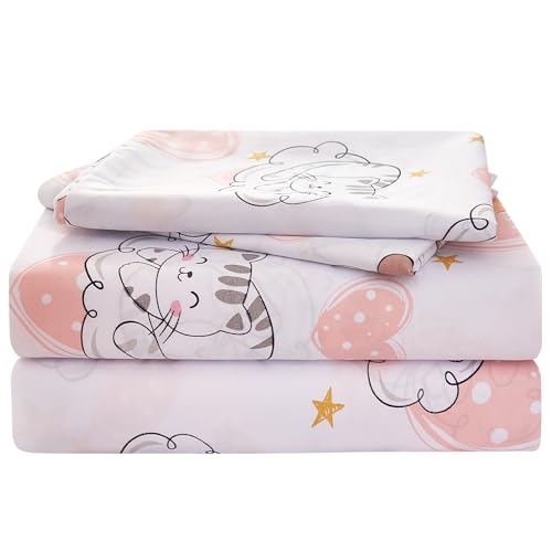 Yibeizi Cat Twin Sheets Set for Girls Kids Cute Pink Heart Bedsheets Microfiber Deep Pocket Bed Sheet & Pillowcase Sets 3 Pieces