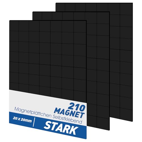 20 x 20 mm Self-Adhesive Magnetic Plates, Pack of 210 Flexible Adhesive Magnets Magnets Self-Adhesive Magnetic Pads for Pictures Posters Photos Notes (for Light and Small Items)