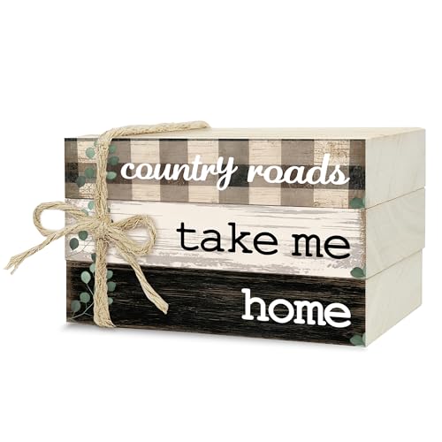 Decorative Books for Home Decor, Rustic Wood Book Stack for Table Decor, Country Roads Take Me Home Decoration Books for Living Room Bookshelf, Farmhouse Stacked Books Decoration (L63)
