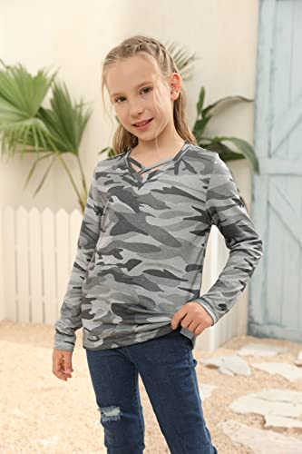 Image of Girls Camouflage Stripe Short Sleeve Shirts V Neck Criss Cross Tees Sweat Kids Casual Sport Tops Blouse（4-15T）