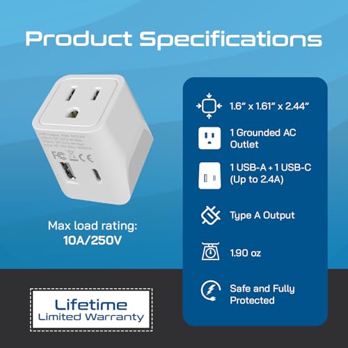 Image of Ceptics Japan, Philippines Travel Adapter Plug with USB-A + USB-C - Usa Input - Type A - Ultra Compact (CTU-6) - Perfect for Cell Phones, Laptops, Camera Chargers