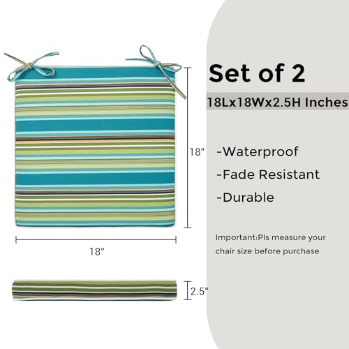 FUNHOME Outdoor Chair Cushions 18"x18"x2.5" Set of 2,Water Resistant Patio Chair Cushion with Zipper&Ties,18x18 Inch Replacement Square Seat Cushion for Garden Chairs(Green Stripe) by FUNHOME - Used condition - Image 2