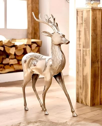 Dekoleidenschaft großer Metall-Hirsch aus Alu, Silber glänzend, 65 cm hoch, Tierfigur, Deko-Skulptur