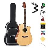 Donner Acoustic Guitar Kit for Beginner Adult Teen Full Size Cutaway Acustica Guitarra Starter Bundle Set with Gig Bag Strap Tuner Capo Pickguard String 4 Picks, Right Hand 41 Inch Natural, DAG-1C