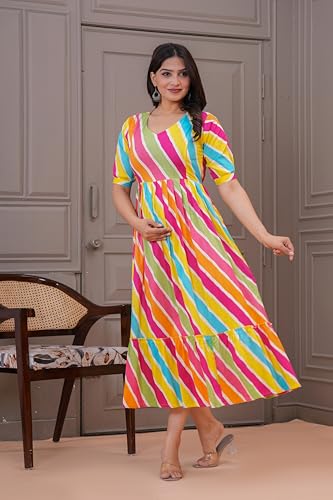 Image of Stylish Women's Pure Cotton All Over Printed Kurti Gown, Maternity Dress, and Feeding Dress - Comfortable and Elegant Maternity Wear for Women Multicolour