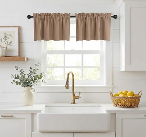 NICETOWN Kitchen Valance Curtain 18 inches Length + 1.6" Header Adjustable Small Window Curtain Valances for Cafe Rod Pocket Curtain Tiers for Kitchen Cabinet Cupboards, 2 PCs, Cappuccino, 42" Wide