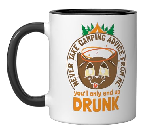 Never Take Camping Advice From Me - Cat Camper Camping Ceramic Mug, Black/White