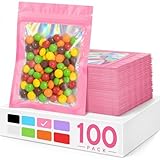 ANZNKU 100 Pieces Smell Proof Mylar Bags, Holographic Packaging Bag, Resealable Odor Foil Pouch Zipper Bag with Clear Window for Food Storage, Gift Bag for Jewelry Lash Lipgloss (Pink, 3 x 4.7 Inch)
