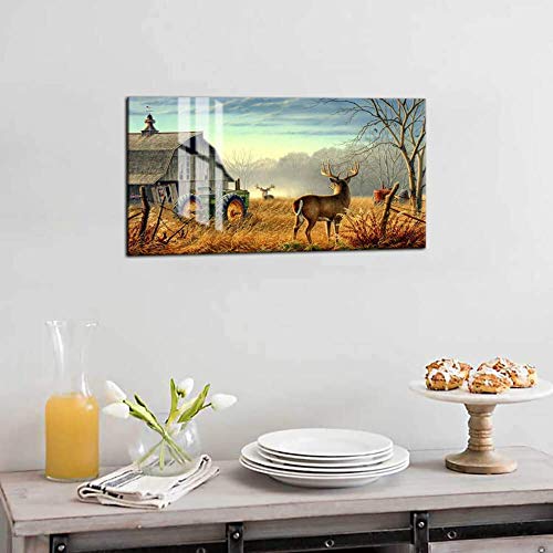 Canvas Print Wall Art Painting Of Nature Trees Fences Birds Fog Mist Deer Barn Farm Competition Picture For Living Room Decoration Animals Pictures Photo Prints On Canvas (Deer 1, 40X20Inx1Panel) #TOP3