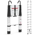 12.5ft Telescoping Ladder, LUISLADDERS Aluminum Telescopic Extension Ladder One-Button Retraction with Hooks EN131 330lbs Max Capacity, Multi Purpose Collapsible Ladder for RV or Outdoor Work