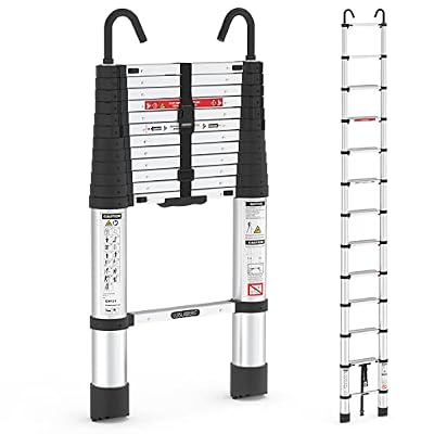 12.5ft Telescoping Ladder, LUISLADDERS Aluminum Telescopic Extension Ladder One-Button Retraction with Hooks EN131 330lbs Max Capacity, Multi Purpose Collapsible Ladder for RV or Outdoor Work