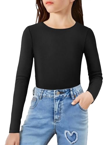 Arshiner Girls Long Sleeve Ribbed Knit Shirts Soft Slim Fit Crewneck Casual Base Layer Tops Tees