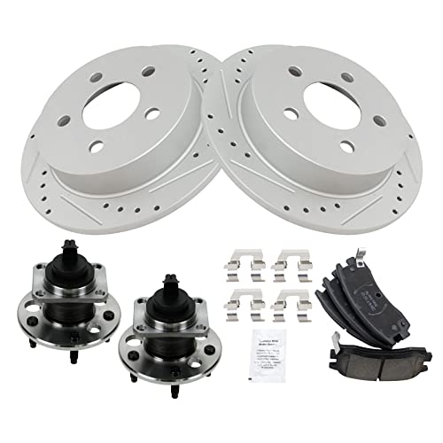 Image of TRQ Performance Rear Brake Pad and Rotor Set Ceramic Coated Drilled Slotted Wear Sensor Compatible with 1999-2004 Oldsmobile Alero 1999-2005 Pontiac Grand Am