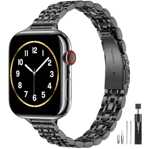 Lerobo Slim Thin Metal Band Compatible with Apple Watch Bands for Women 40mm 42mm 41mm 38mm 44mm 45mm 46mm,Elegant Stainless Steel Strap for iWatch Series 12 11 10 9 8 7 6 5 4 3 2 1 SE,Black