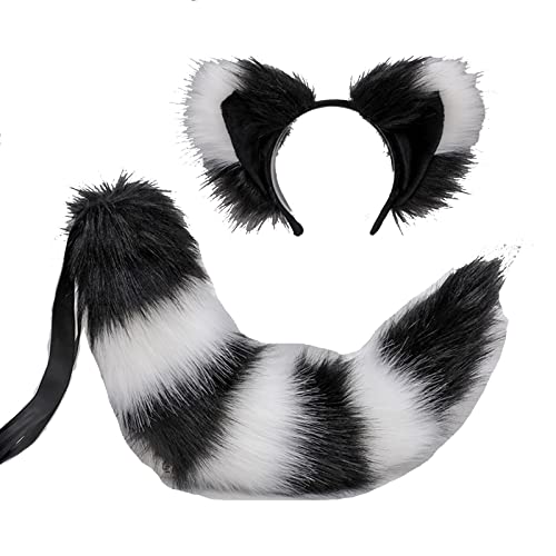 XINCHIA Faux Fur Fox Cat Ears Headband Tail Set Fluffy Wolf Fox Cosplay Costume Hair Hoop Long Tail Kit Animal Dress Up Fancy Dress Hairband Accessories Halloween Role Play Party Costume for Adults