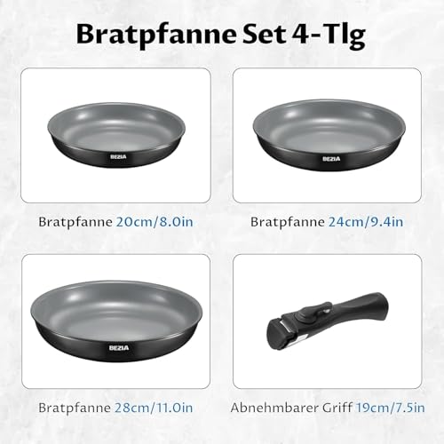 BEZIA BEZIA Pfannenset mit abnehmbarem Griff, Bratpfannen Set mit Keramikbeschichtung, Induktions Pfannen Set für alle Herdarten, 20+24+28 cm, stapelbares Design, Spülmaschinen-/Ofenfest - Detailansicht 2 | Pfannen