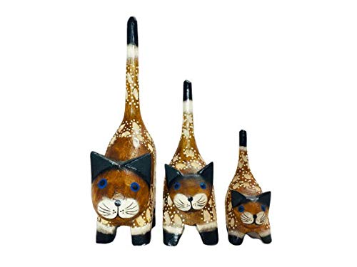 My Family House Fat Cat Statue - Natural Wood - Hand Carved and Painted Animal Figurine - 15 cm