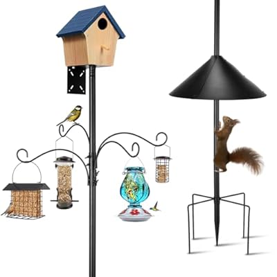 Bird Feeder Pole - 93 Inch Heavy Duty Birdhouse Pole with Squirrel Proof Baffle and 4 Hooks, Adjustable Wild Bird Feeding Station Hanging Pole for Outdoors, Yard, Garden Decor, Black
