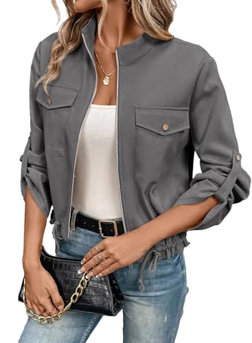 EVALESS Womens Zip Up Jacket Gray Roll Tab Sleeve Casual Shacket Flap Pocket Drawstring Hem Lightweight Summer Anorak Coat Medium