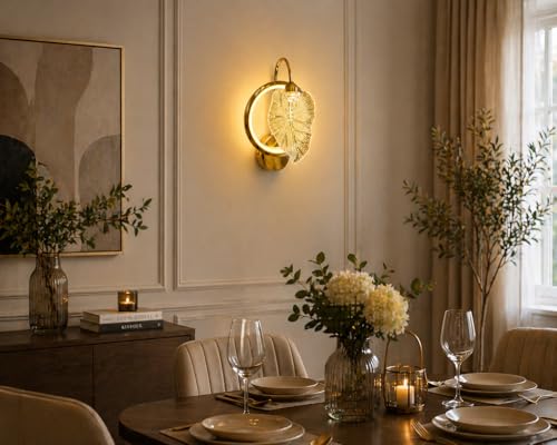 Image of Modern Gold LED Wall Light with Decorative Leaf Design, 3in1 Colour Change Wall Sconce, Metal & Glass Wall Lamp Ideal for Bedroom, Living Room, Hallway, Dining Room, Home Decor