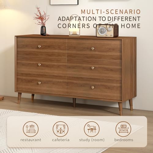 Image of Messenya 6 Drawer Dresser for Bedroom, 47 Inch Walnut Dresser for Closet, Mid Century Wood Chest of Drawers with Natural Texture & Pre-Embedded Slots for TV Stand, Living Room, Hallway, Office