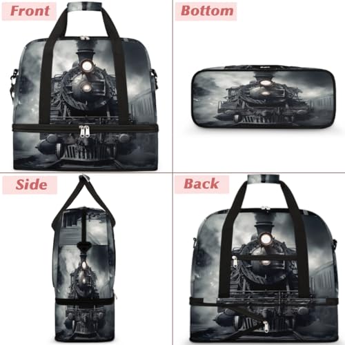 Vintage Steam Locomotive Train Foldable Duffle Bag with Shoes Compartment Large Capacity Waterproof Travel Weekender Bag Overnight Bag for Sports Gym3