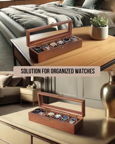 Image of Watch Box, Watch Case for Men Women with Large Glass Lid, Wooden Watch Display Storage Box with 6 - Slots, Retro Walnut Mens Watch Box Organizer