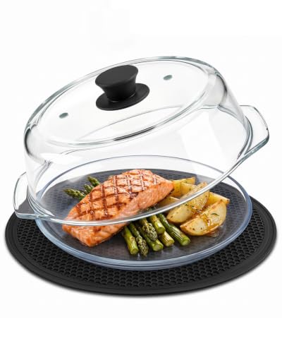 Image of HAPPYER 2 in 1 Glass Microwave Splatter Cover for Food with Tempered Glass Plate, High Borosilicate Glass Microwave Cover, Vented Splatter Guard Lid, Silicone Mats, Microwave Dish Cover