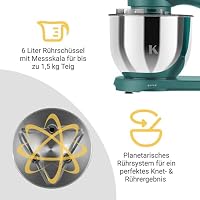 KLAMER Küchenmaschine 1800W, Knetmaschine Brotteig mit Edelstahl-Rührschüssel 6 L, 10 Stufen mit Timer, Planetenrührwerk, Rührbesen, Knethaken, Schneebesen & Sichtdeckel (türkis) – Ansicht 7
