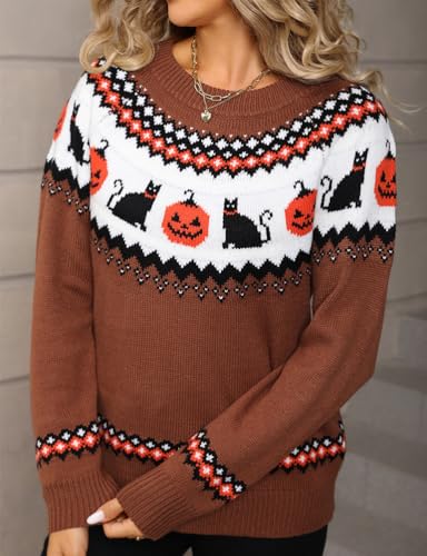 Kinghua Halloween Sweaters for Women Spring Fall Color Block Crewneck Long Sleeve Ribbed Loose Fit Pullover Sweater2