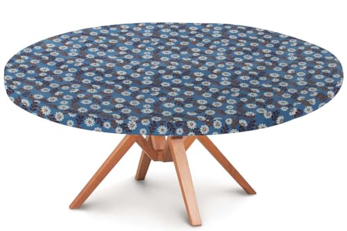 Image of The Furnishing Tree Round Elastic Fitted Dining Table Cover WxL 54x54 Inches Floral Pattern Blueish Grey