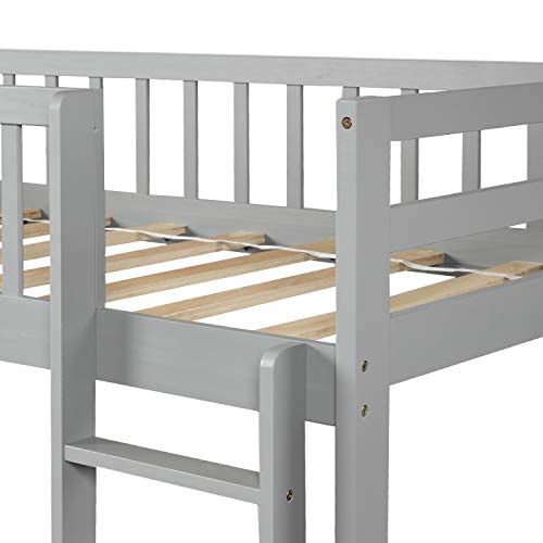 Solid Wood Bunk Beds with Trundle, Twin Over Twin Bed Frame with Ladder and Guardrail (Gray) - Thumbnail 3