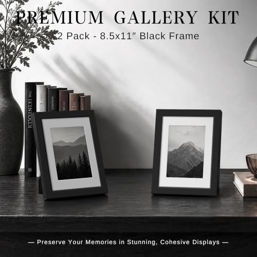 Image of VCK 8.5x11 Picture Frame with Real Glass, Black Wood Frame, 6x8 Mat, 2 Pack