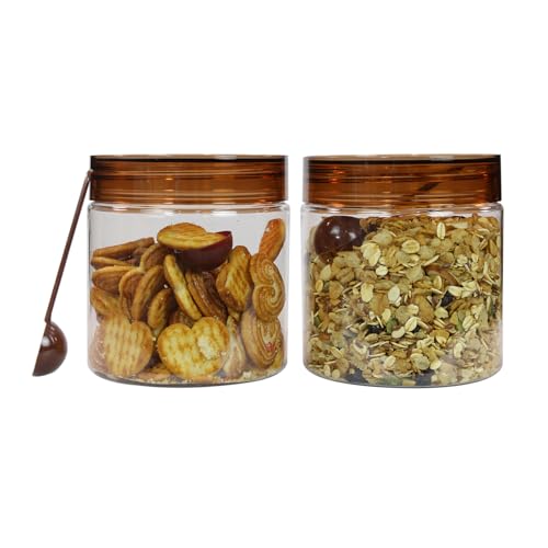 Image of PEARLPET Plastic Containers for Kitchen Storage | Plastic Container Set with Spoon | BPA-Free, Stackable Jars | Brown, 750 ML (Set of 2)
