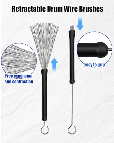 Drum Sticks Set 5A Maple Wood Drum Sticks & Drum Rods Brushes & Retractable Drum Wire Brushes & Rods Drum Sticks for Kids Adults Drummer Rock Band Jazz Folk Students, with Storage Bag, 9 Pcs - Thumbnail 4