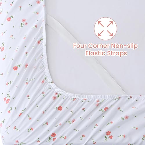 Image of Softan Pink Floral Twin Size Sheet Set, 3 Pieces Single Bed Sheets for Girls, Cozy Microfiber Fitted Sheet with 15 inch Deep Pockets & Non-Slip Straps, Pink Flower Sheets & Pillowcase Set