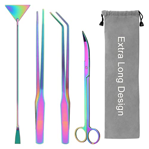 Coolrunner Extra langes Aquarium-Aquascape-Set, bunt, 4-in-1, rostfreie Wasserpflanze, Aquascaping-Werkzeug, Edelstahl-Pinzette, Schere, Spatel für Aquarium