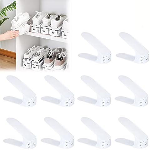 YUENFONG 30 Stück Einstellbare Schuhregale Schuhstapler Schuhhalter Set, 3 höhenverstellbar Schuhaufbewahrung, Platzsparend, Rutschfest Kunststoff (Weiß) Cover