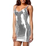 QuneusHot Silver Women Pu Metallic Latex Leather Dress Tank Vest Clubwear Mini Bodycon Cami Dress