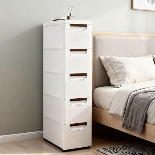 Gabinete de almacenamiento delgado para baño con cajones y ruedas de plástico ajustable 6