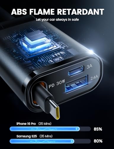 Lamicall 3 in 1 Retractable Car Charger Adapter -【2026 Ultra Compact】57W Cigarette Lighter USB Charger, Car Phone Charge with Retractable Type-C Cable/USB C/USB A, 12V/24V Socket for i-Phone, Android - Image 3
