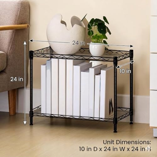 Image of Premium Heavy-Duty 2-Tier Black Metal Wire Storage Rack Shelf Organizer | Adjustable Multipurpose Freestanding Shelving Unit for Home, Office, Kitchen | Size 10 inch D x 24 inch W x 24 inch H Inch