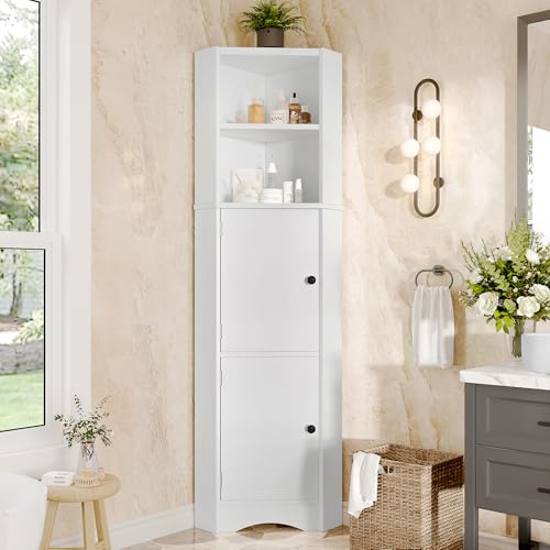 Merax Eckschrank Hochschrank, Dreieckiger Badezimmerschrank, feuchtigkeitsbeständiger Lack, Zwei offene Ablagefächer, Zwei Schranktüren, verstellbare Trennwände, weiß