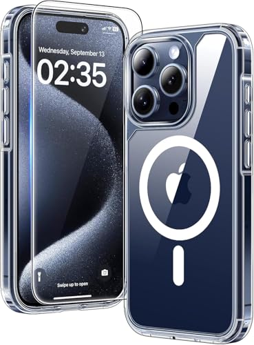 TAURI Coque Magnétique pour iPhone 15 Pro Max[Protection Militaire] avec Protection D'écran en Verre Trempé [Compatible avec MagSafe] -Coque Mince 6,7 Pouces-Transparent