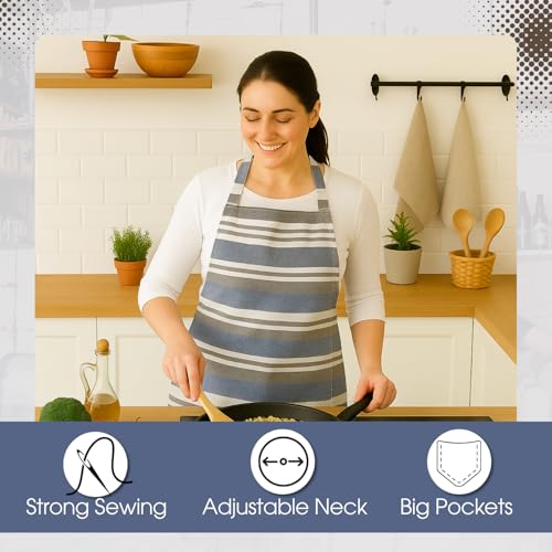 Image of Unisex Cooking Aprons | Waterproof Apron | Striped Design with 2 Front Pockets & Adjustable Neck Strap | Durable, Oil & Stain Resistant | Chef Apron for Cooking