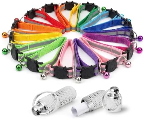 12 Pack Reflective-Breakaway Cat Collars with Bells, Safety Buckle Cute Kitty Collar, with Name Tag, Adjustable, Ideal for Cats, Pet Supplies Accessories(12 Colors & 2 ID Tags)